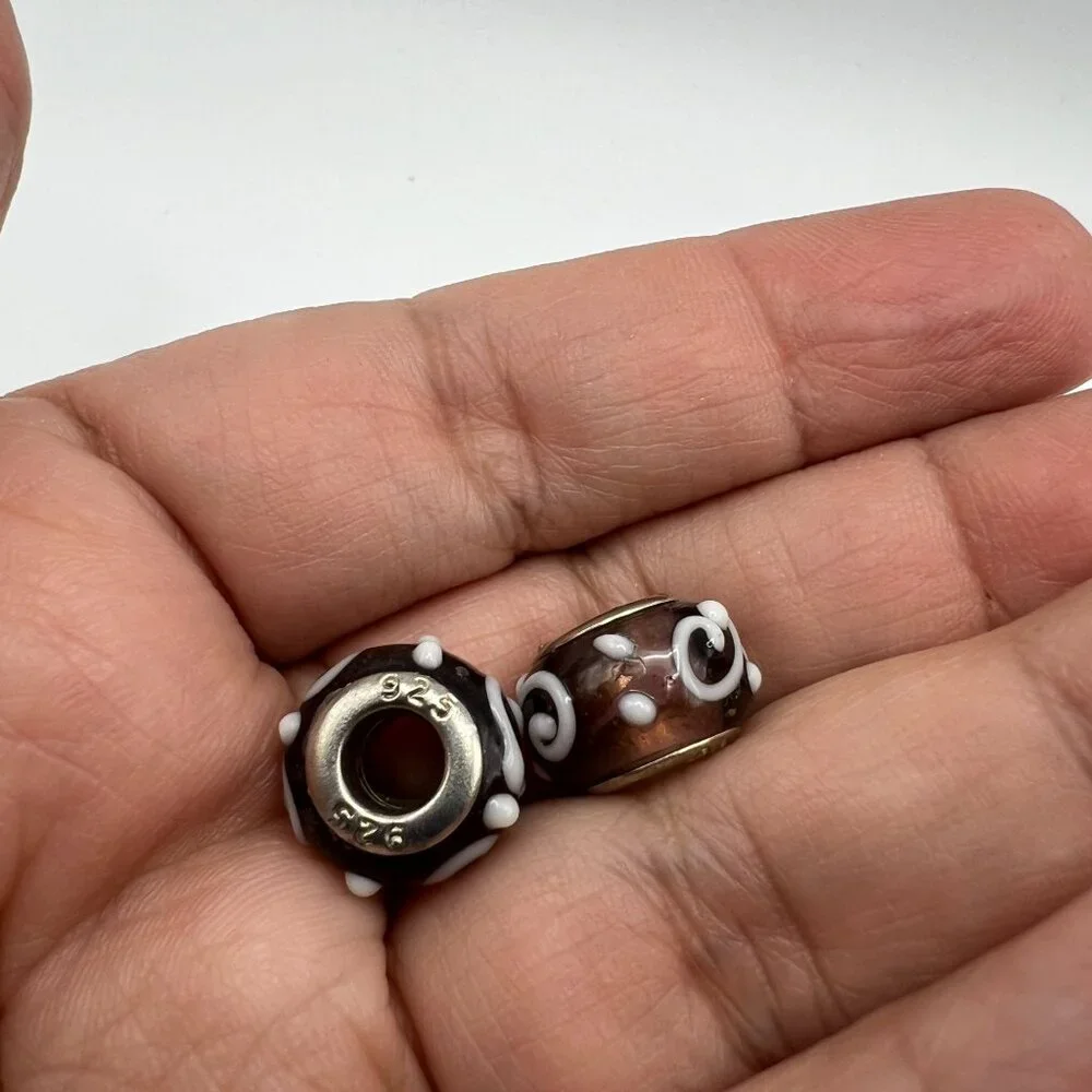 Sterling Silver 925 Brown & White Glass Charm Beads With Swirl Motif For Bracele - Picture 3 of 3